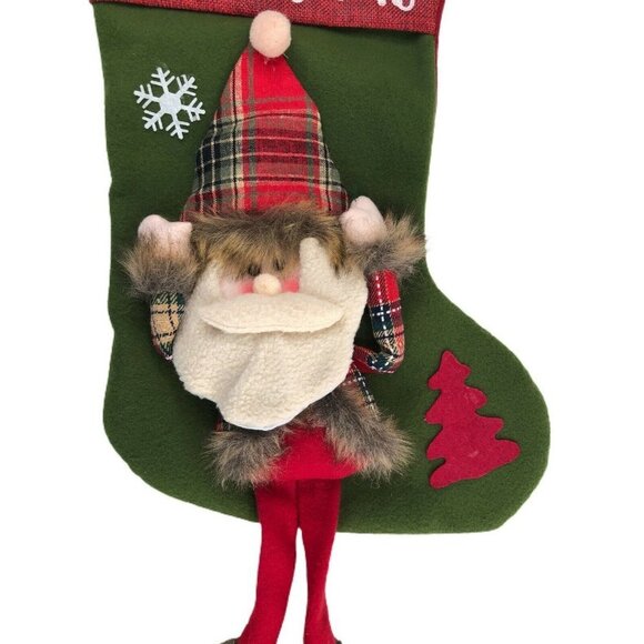 Handmade Christmas Stocking Farmhouse Santa Plaid & Fur Felt & Canvas 17" - Picture 3 of 5
